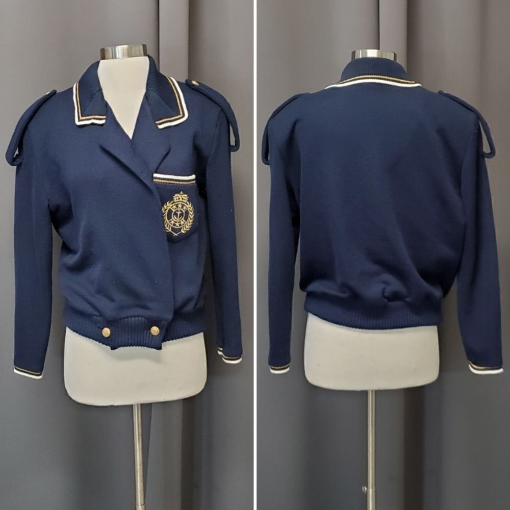 Vintageβ80s Navy Blue Gold Crestβ Knit Nautical Collared Preppy Cardigan Sweater